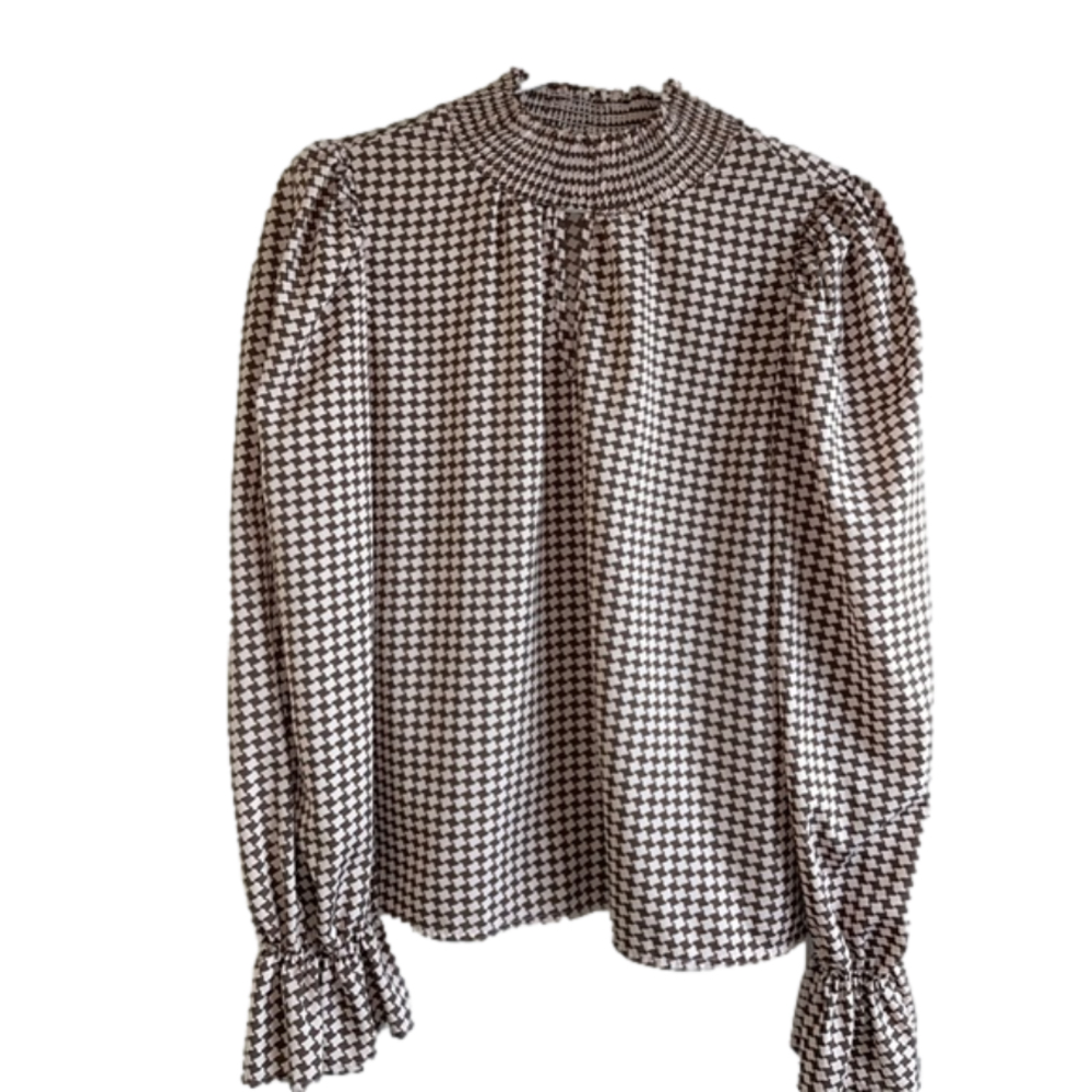 Houndstooth print keyhole neck long sleeve blouse large - Picture 2 of 4